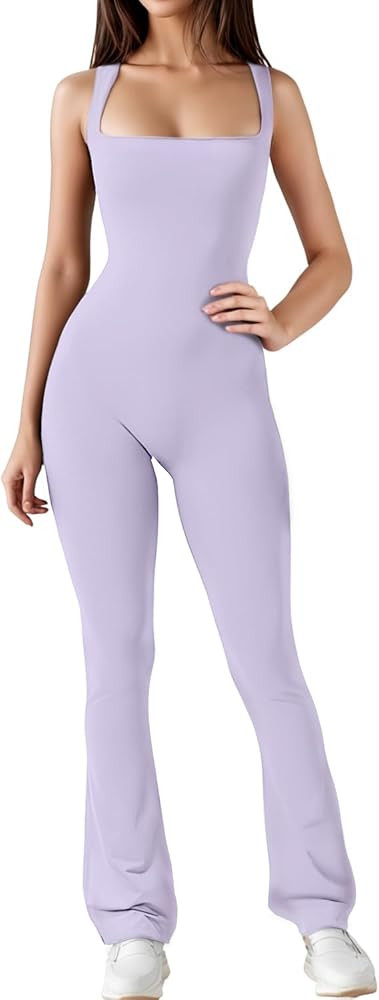 Tanou Flare Jumpsuits for Women Square Neck Tank Top Bodycon Full Length Long Pants Casual Workou... | Amazon (US)