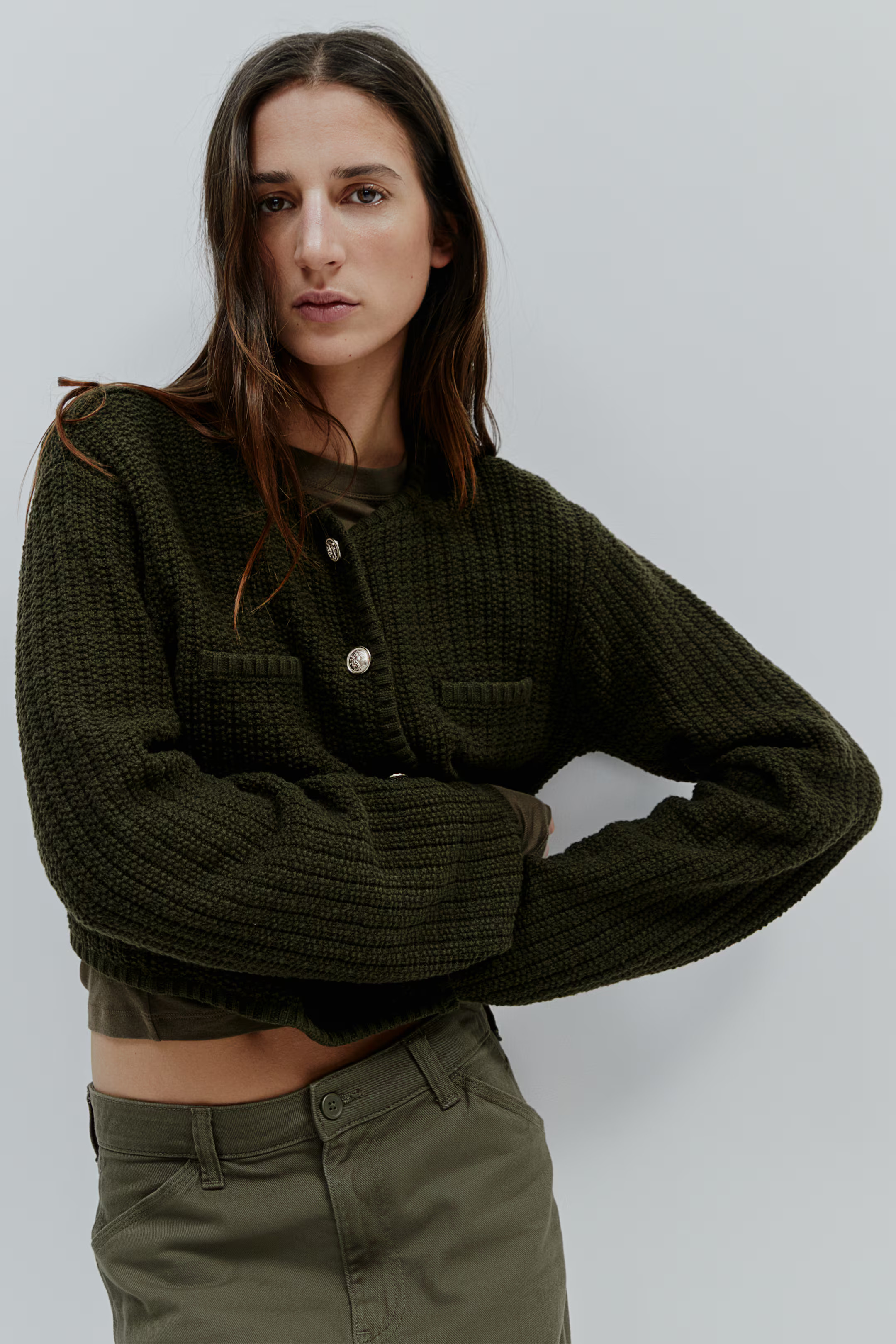 Short textured-knit cardigan - Round neck - Long sleeve - Cream - Ladies | H&M GB | H&M (UK, MY, IN, SG, PH, TW, HK)