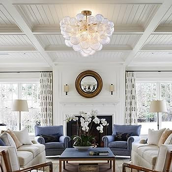 Semi Flush Mount Bubble Ball Chandelier Lighting 20 Inch Gold Clear Ribbed Blown Glass Chandelier... | Amazon (US)