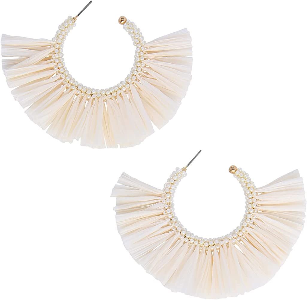 Raffia Hoop Drop Earrings for Women - Geometric C Shape Colorful Handmade Earrings, Bohemian Dang... | Amazon (US)