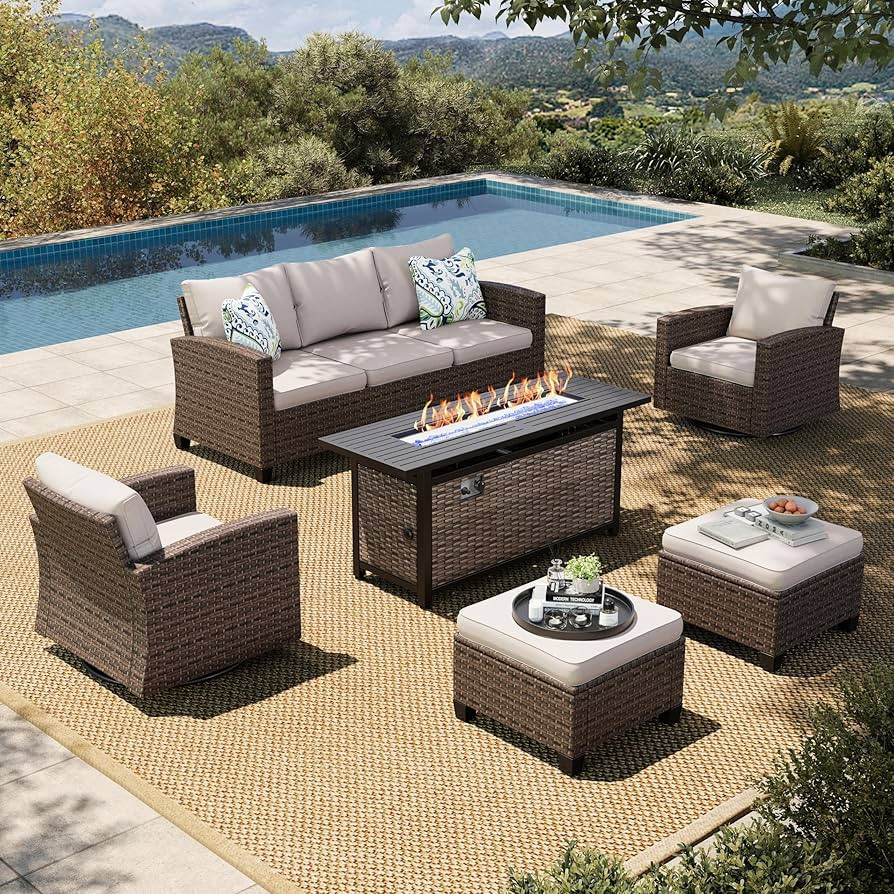 HERA'S HOUSE Swivel Glide Patio Furniture Set with 56" Fire Pit Table, 6 Pieces Outdoor Wicker Se... | Amazon (US)