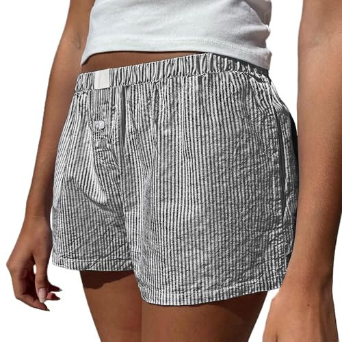 peassa Women Striped Lounge Boxer Shorts Cute Summer Y2K Pajama Bottoms Sleep Shorts Black L | Amazon (US)
