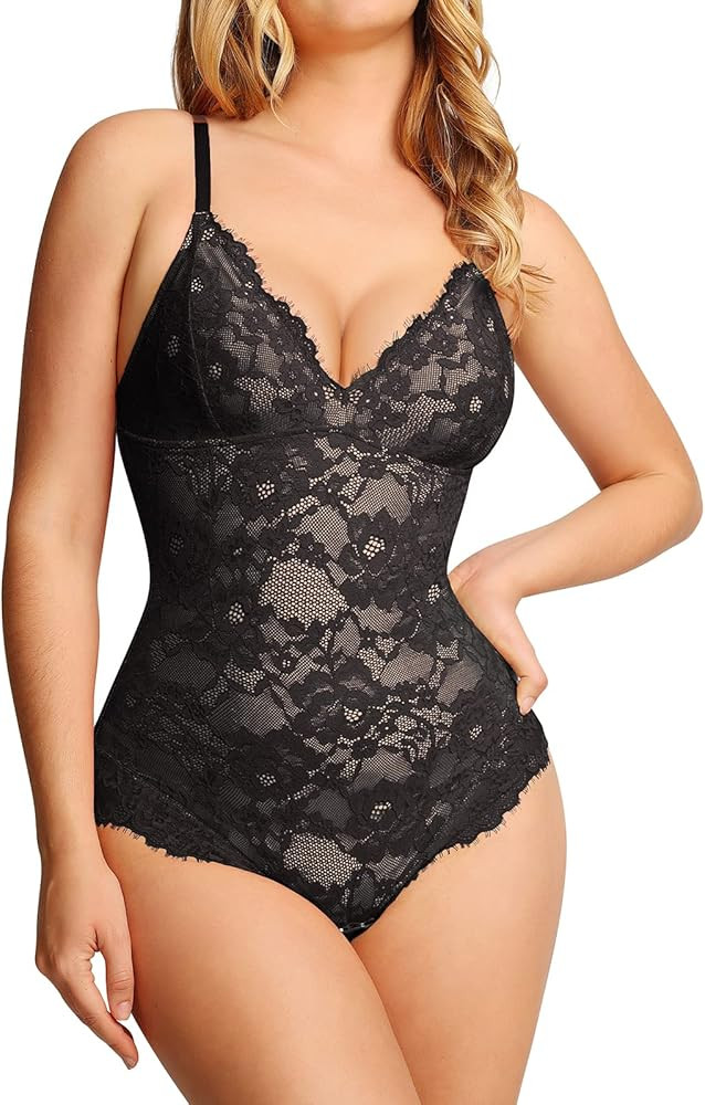Popilush Lace Shapewear Bodysuit V Neck Tummy Control Backless Tank Tops Sleeveless Thong Bodysui... | Amazon (US)