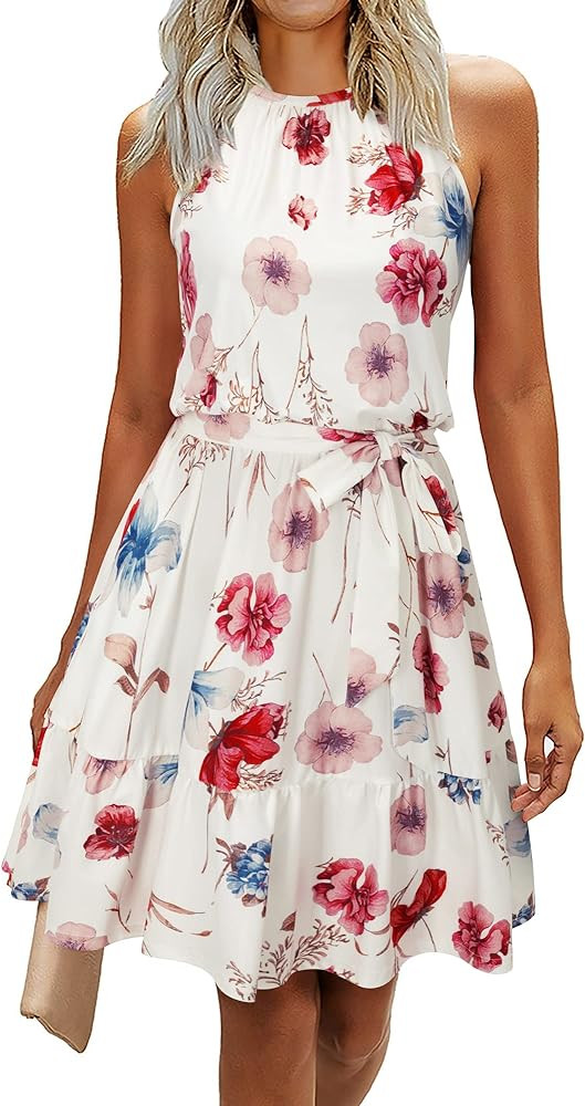 Newshows Womens 2025 Summer Dress Halter Wedding Guest Casual Beach Vacation Outfits Belted Sundr... | Amazon (US)