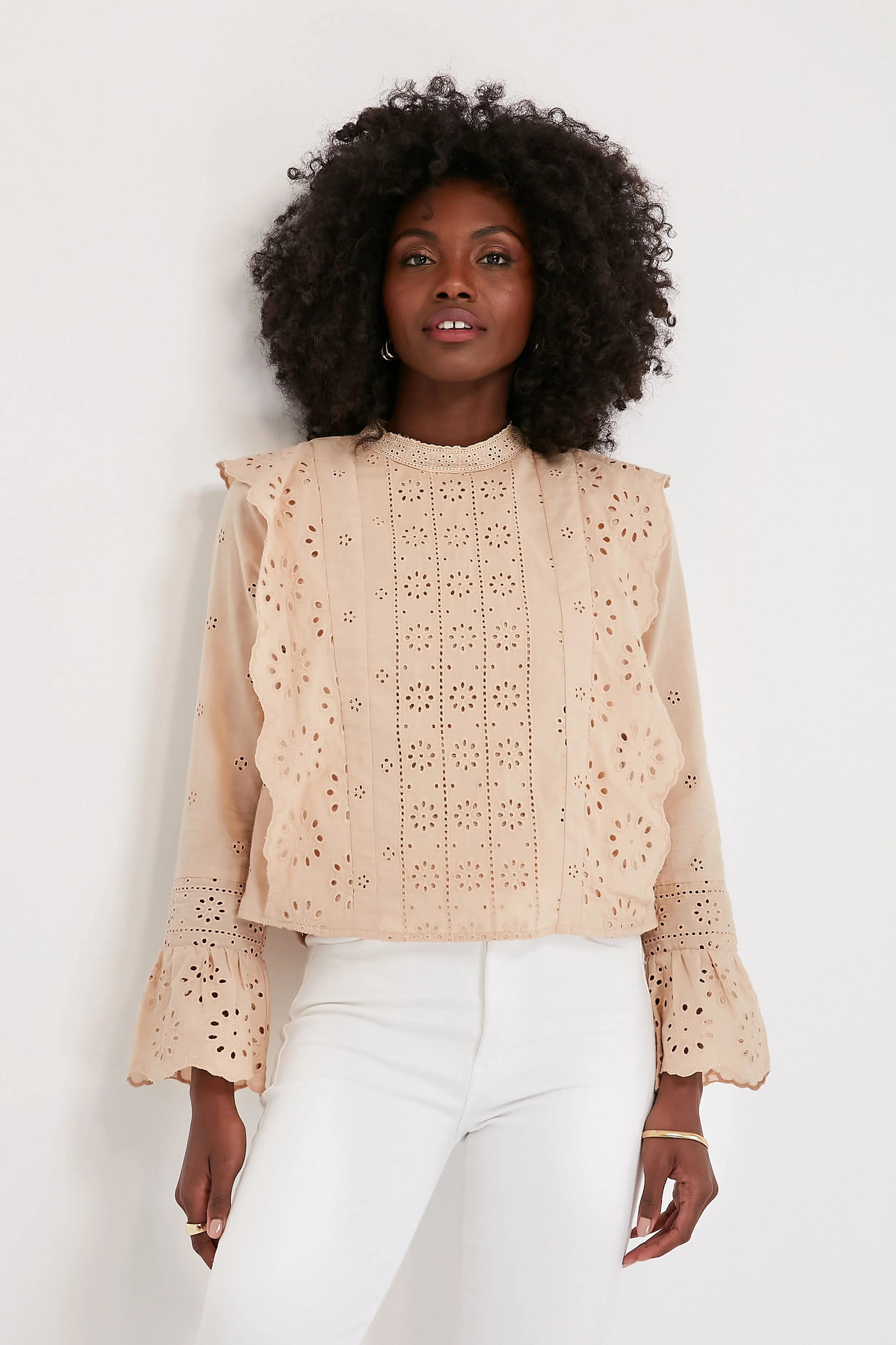 Tan Eyelet Long Sleeve Gracelyn Blouse | Tuckernuck (US)