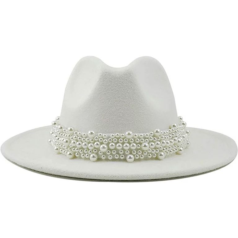 esafio Women's Vintage Pearl Band Fedora Hat Trendy Wide Brim Trilby Panama Hat,White | Walmart (US)