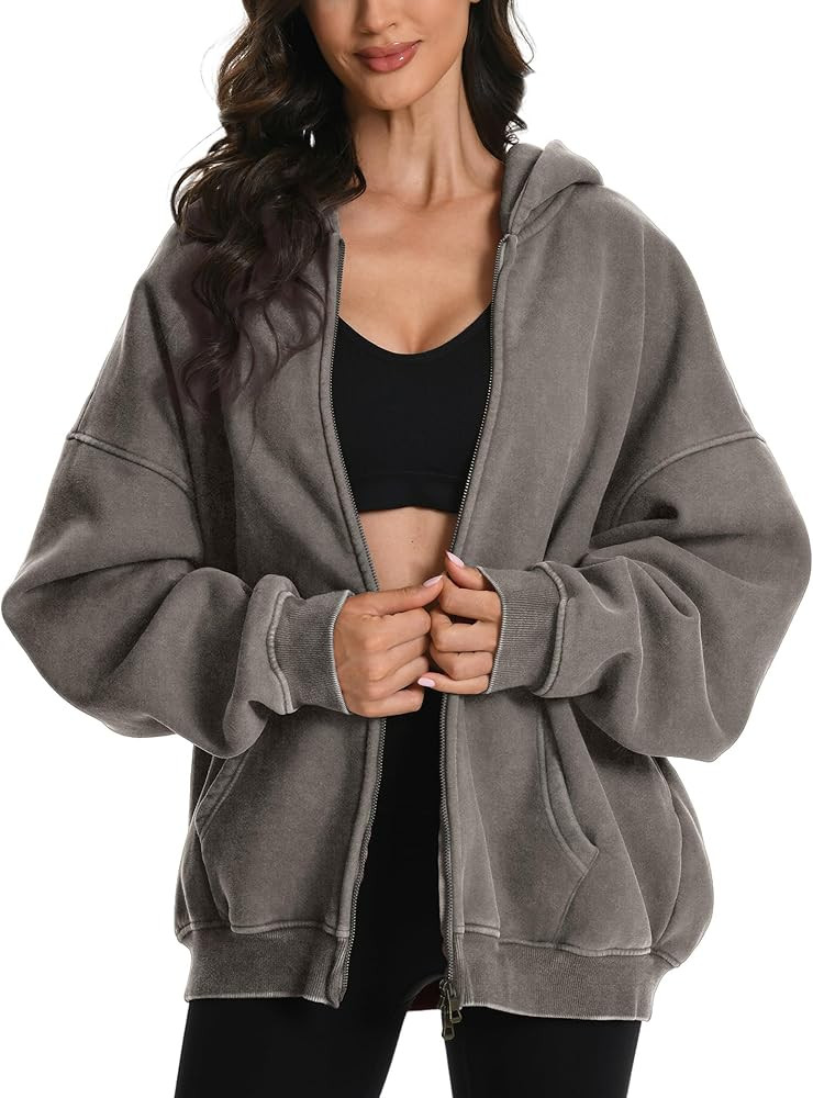 FAIABLE Womens Mens Double Zip Up Hoodie Oversized Acid Wash Heavyweight Hoodie Distress Cotton F... | Amazon (US)