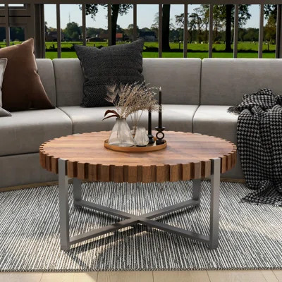 32 Inch Living Room Circular Coffee Table, Modern Natural Wood Grain Handmade Drum Shaped Coffee Table, Wooden Felief Coffee Table With Sturdy Base, M | Wayfair North America
