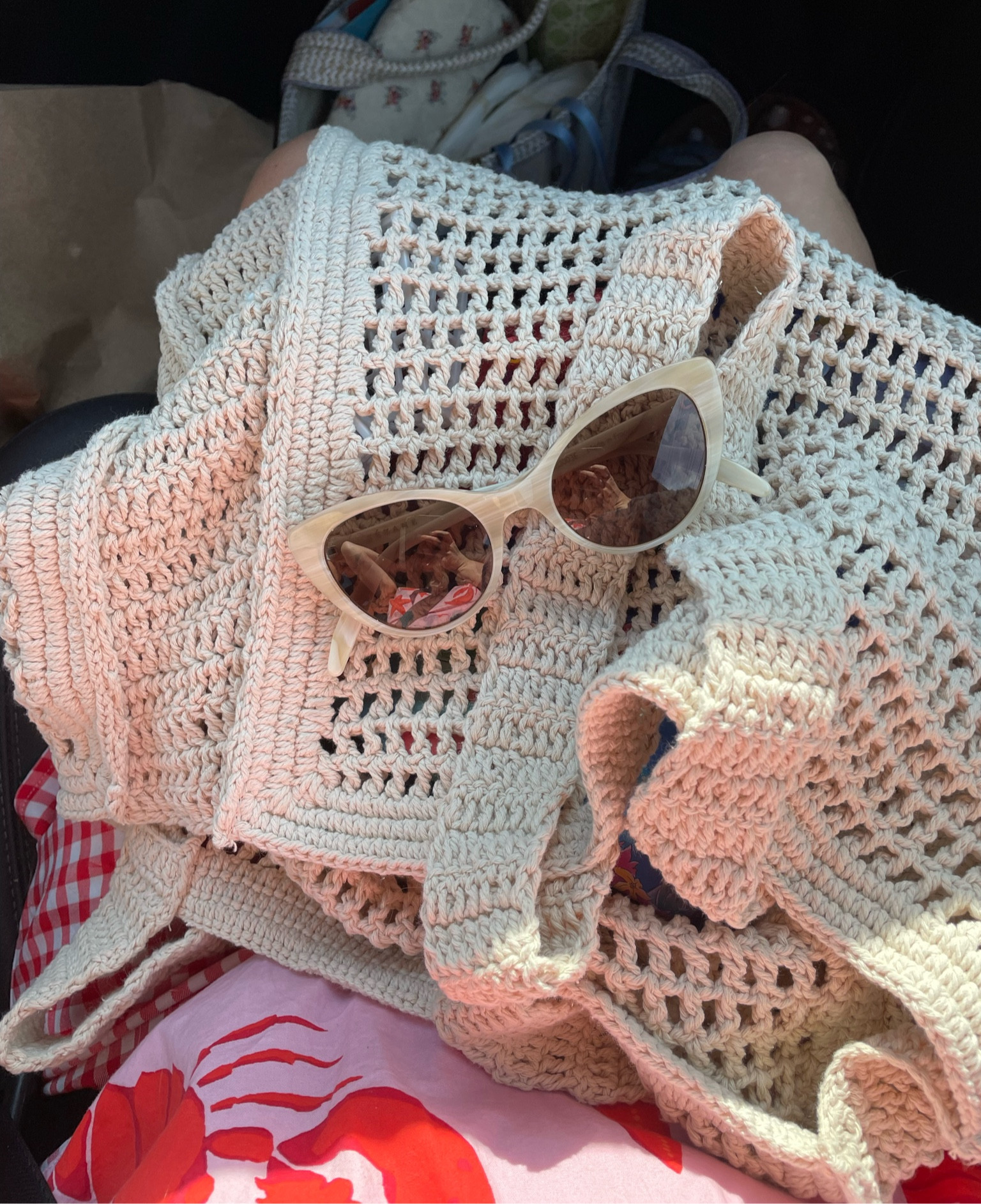 Headed to the beach! 

Crochet tote, cat eye sunglasses, red gingham shorts, boxer shorts, summer, beach bag 

#LTKFindsUnder50 #LTKSeasonal