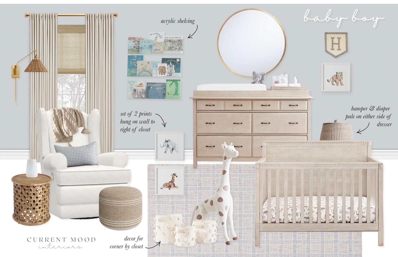 Baby Boy Nursery Room Design 🩵
#edesign #moodboard #sherwinwilliamsnorthstar #babyroom #babyfurniture #crib #glider #dresser #arearug #curtains #romanshades #neutraldecor 

#LTKBaby #LTKKids #LTKHome