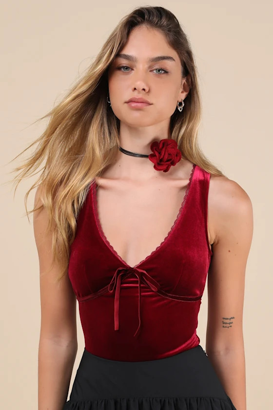 Dreamy Chicness Berry Red Velvet Sleeveless Bodysuit | Lulus