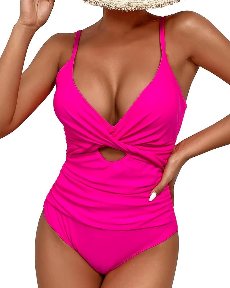 VECENEY One Piece Bathing Suit for Women Tummy Control Cutout Swimsuit Ruched V Neck Swimwear | Amazon (US)