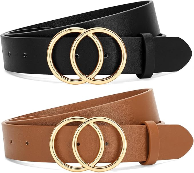 SANSTHS 2 Pack Women Leather Belts Faux Leather Jeans Belt with Double O Ring Buckle | Amazon (US)
