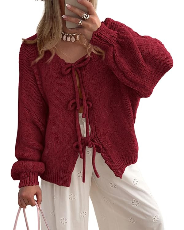 PRETTYGARDEN Women's Tie Front Bow Cardigan Sweaters Chunky Knit Long Puff Sleeve Trendy Fall Win... | Amazon (US)
