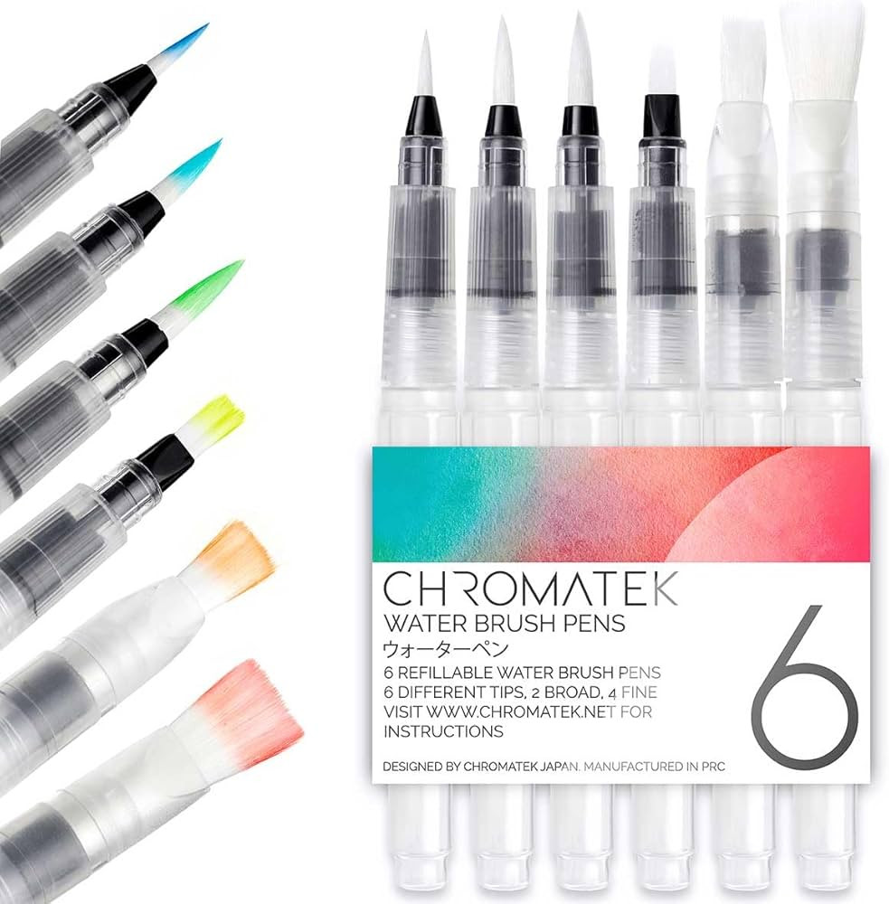 Chromatek AquaPens. Set of 6 Refillable Aqua Watercolor Brushes with Nylon Tips. Easy Water Brush... | Amazon (US)