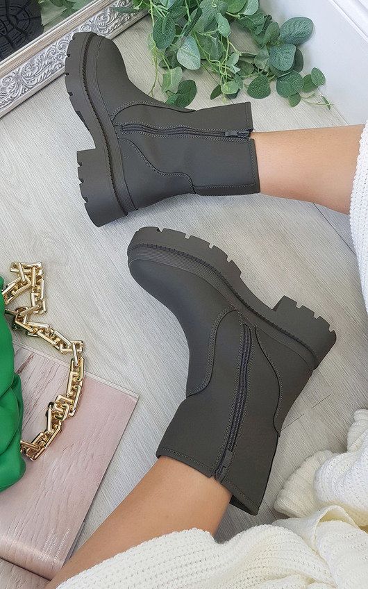 Vida Chunky Ankle Boots in Khaki | iKrush