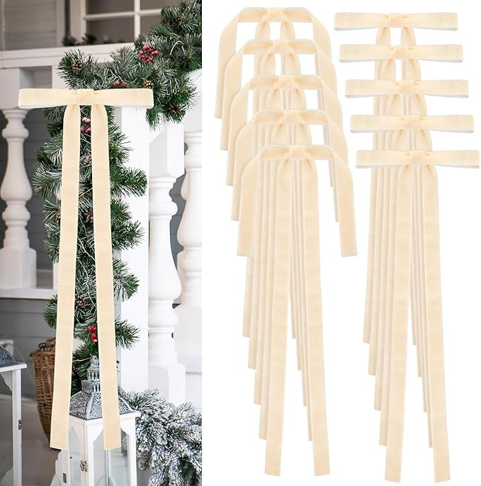 10PCS Long Champagne Velvet Bows for Christmas Tree, Long Bow Ornaments for Christmas Tree Wreath... | Amazon (US)