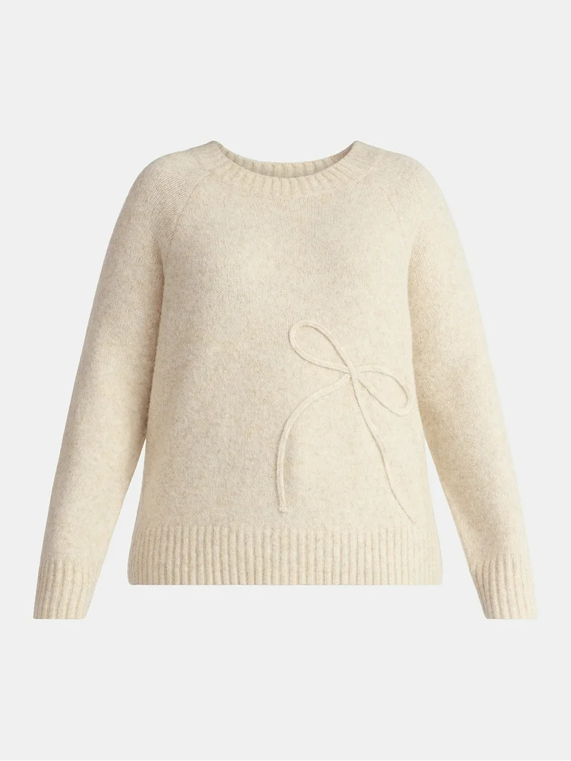 Terra & Sky Women’s Plus Bow Stitch Crewneck Sweater, Lightweight, Sizes 0X-4X | Walmart (US)