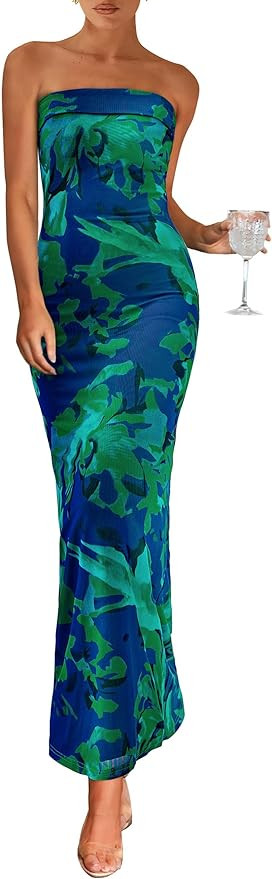 PRETTYGARDEN Womens Summer Printed Tube Maxi Dress Strapless Bodycon Sleeveless Night Out Long Dr... | Amazon (US)