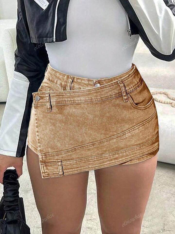 Y2K Street Vintage Contrast Top-Stitching Overlap Waist Stretchy Wrapped Asymmetrical Hem Denim S... | SHEIN