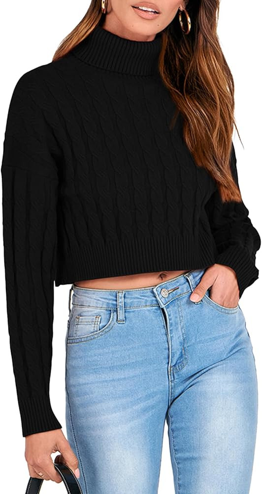 PRETTYGARDEN Women's Cropped Turtleneck Sweater Long Sleeve Cable Knit Pullover Sweater Jumper Co... | Amazon (US)