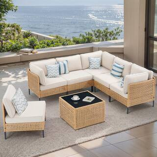 Buenaola Nyajiah 7-Piece Yellow Wicker Outdoor Sectional Set with Beige Cushions BuenhominoSW091 ... | The Home Depot
