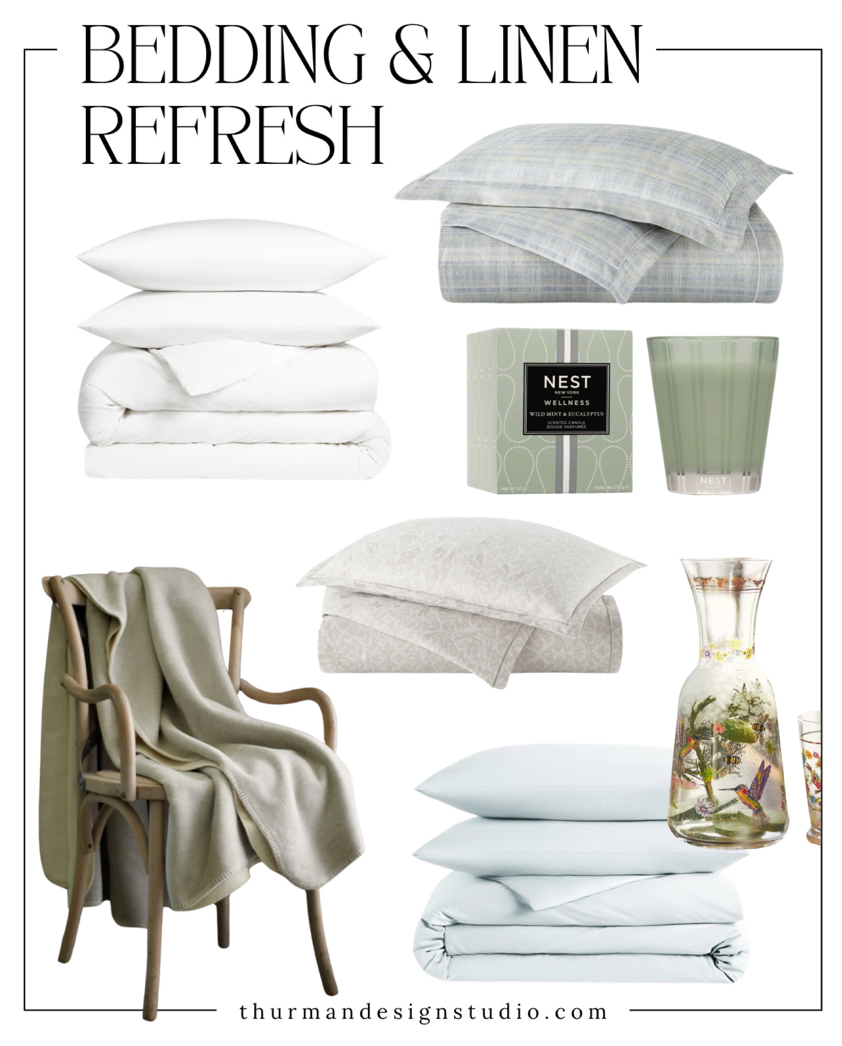 Bedding & Linen Refresh 
So how often should you change your bedding and linens? I like to think weekly for the fitted and top sheet. For the duvet cover and accents I like 2 options that I alternative every two weeks. Of course I gotta have changes for each season too!
 
This seasons calls for lighter weight and a fresh clean aesthetic. 
Never under estimate the power of a good night sleep. Quality bedding truly makes a difference in the quality of your sleep and overall well-being, providing comfort, style, and durability for a restful night's sleep every night.
Sweet Dreeeeeeeams Zzzz!