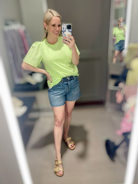 Puff sleeve neon lime t-shirt, high rise baggy 90s denim shorts for women 

#LTKOver40 #LTKFindsUnder50 #LTKFindsUnder100