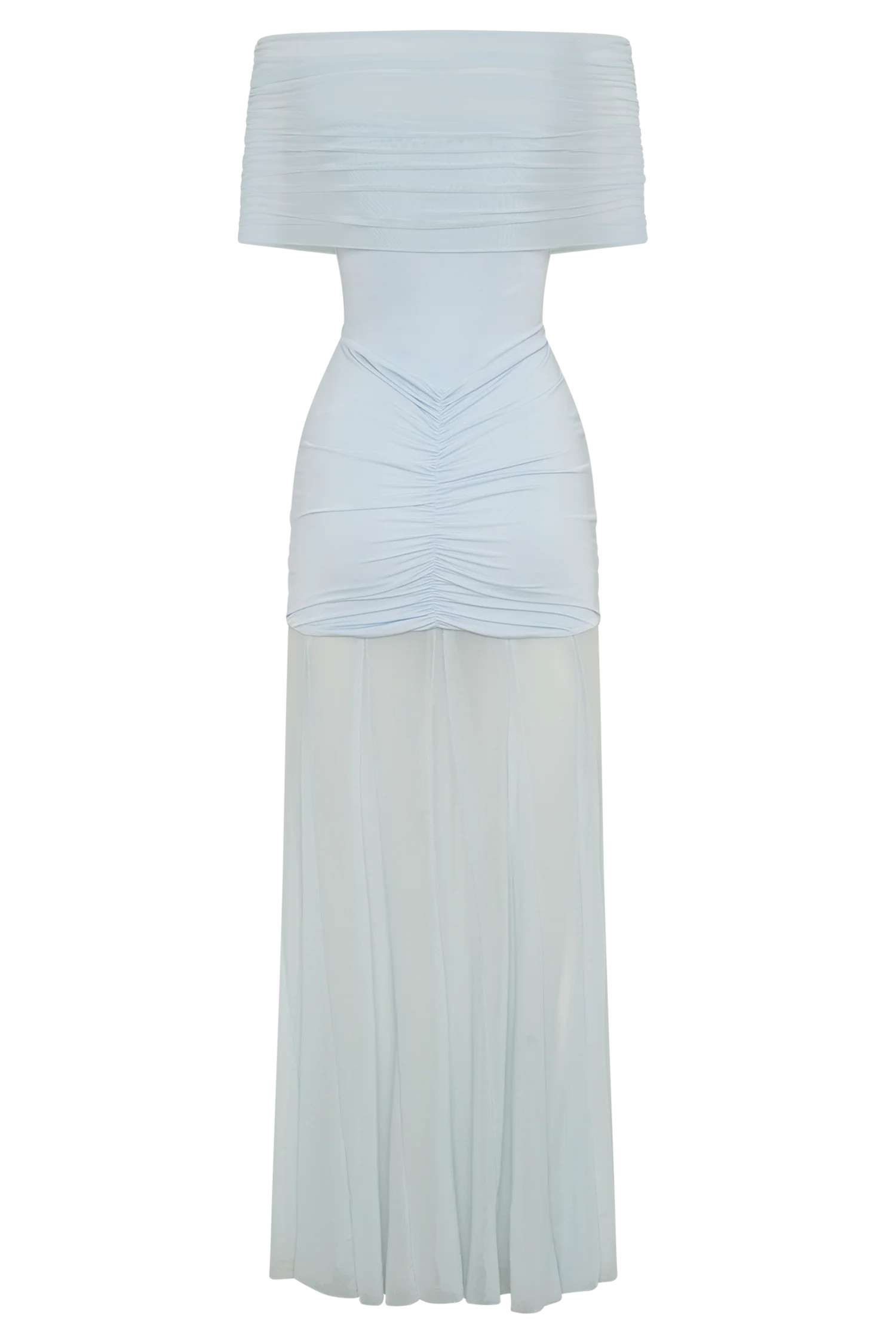 Slinky And Mesh Off Shoulder Maxi Dress - Pale Blue | MESHKI US