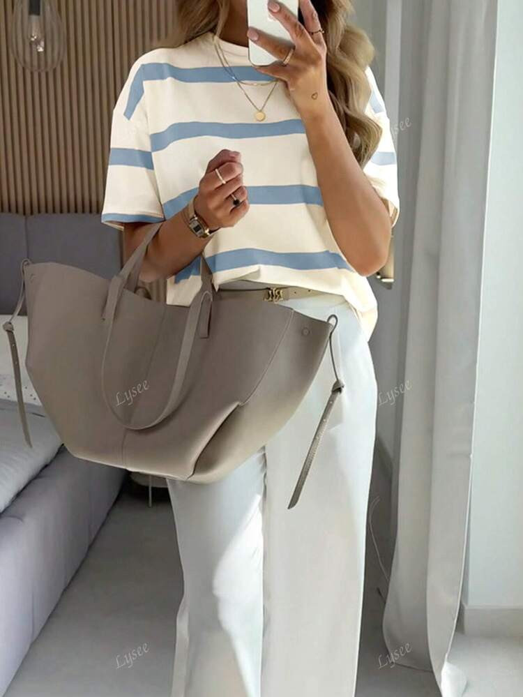 Korean Young Casual Loose Striped Short Sleeve Top, Spring Summer | SHEIN