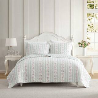Rosebud Stripe 2-Piece White/Sage Green/Pink Cotton Percale Twin Quilt Set | The Home Depot