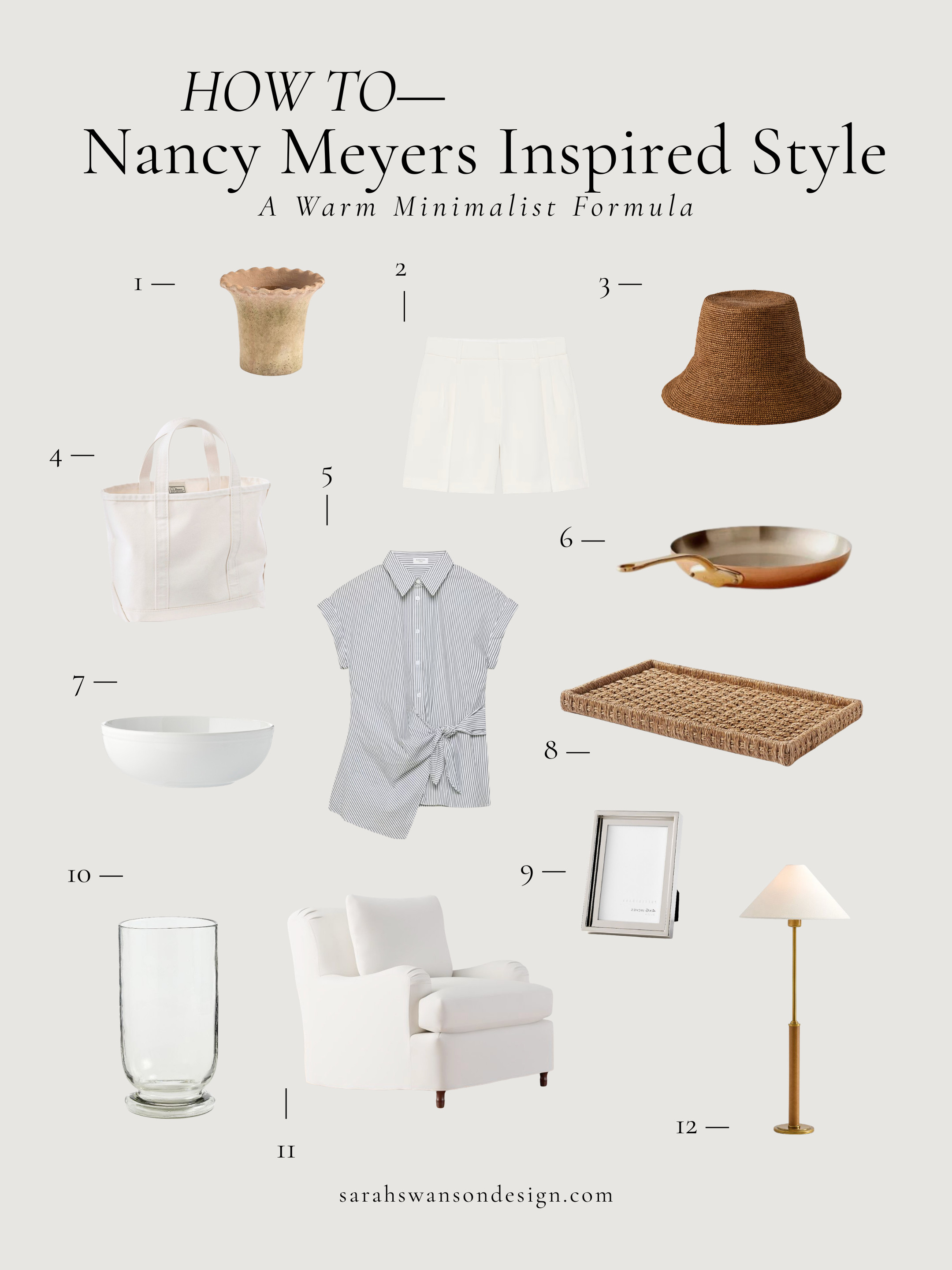 How to create the Nancy Meyers look 🤍 A warm minimalist formula built on timeless neutrals, natural textures, and elevated everyday essentials.

Think: white tailored shorts, striped button down, woven straw bucket hat, classic canvas tote bag, brass floor lamp, copper cookware, rattan tray, oversized white armchair, glass hurricane vase, ceramic bowl, and simple silver frame styling.

This aesthetic blends coastal grandmother style, quiet luxury wardrobe staples, and classic home decor for an effortlessly polished, lived-in feel. Soft whites, warm brass accents, woven textures, and structured basics create that timeless, airy interior and capsule wardrobe energy.

Save this for warm minimalist outfit ideas, Nancy Meyers inspired home decor, coastal chic style, neutral summer wardrobe staples, and classic elevated basics 🤍 

 #LTKSeasonal #LTKOver40 #LTKHome