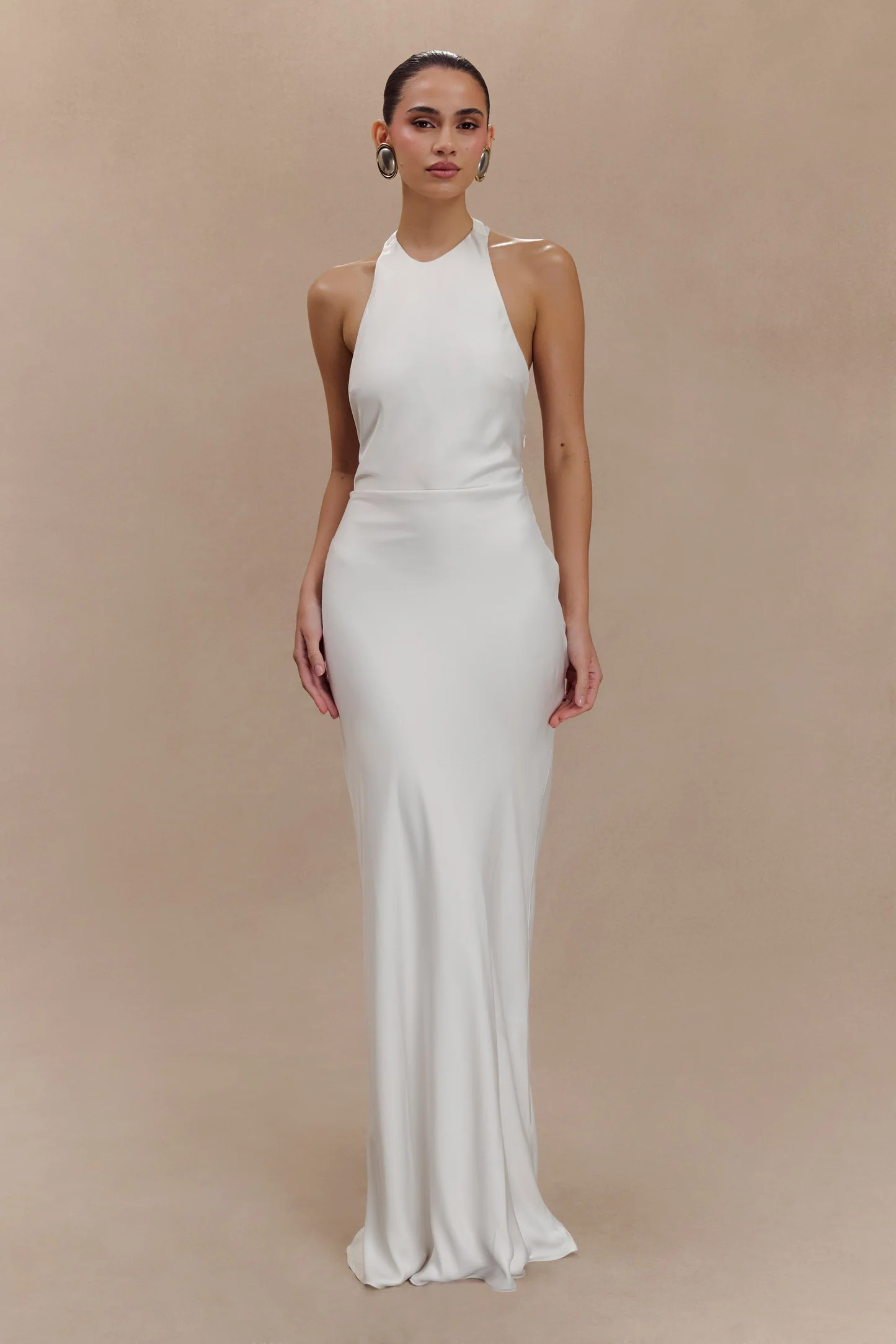 Rinna Satin Halter Maxi Dress - Ivory | MESHKI US