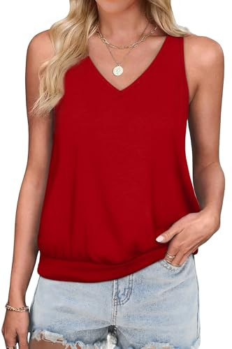 Red Tank Tops for Women 2025 Trendy V Neck T Shirts Banded Bottom Sleeveless Tops Loose Fit 3XL | Amazon (US)