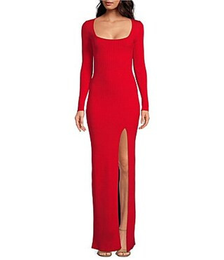 Good American Virgo Stretch Rib Knit Square Neck Long Sleeve Bodycon Maxi Dress - S | Dillard's