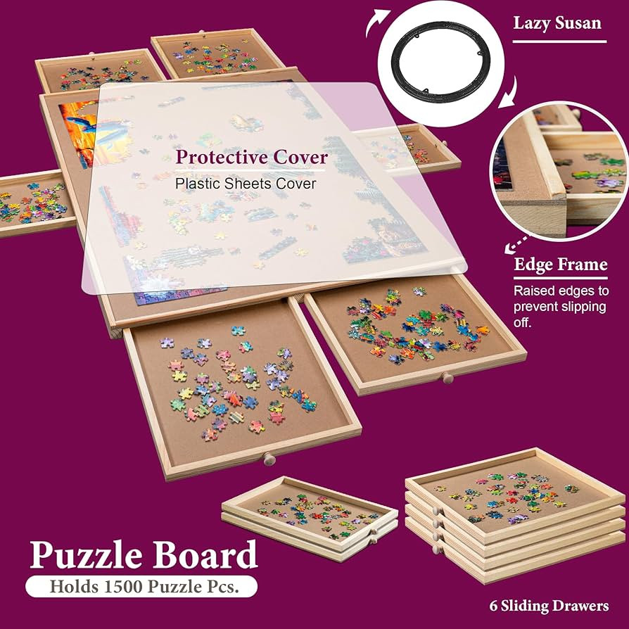 1500 Piece Rotating Wooden Jigsaw Puzzle Table - 6 Drawers, Puzzle Board with Puzzle Cover | 27... | Amazon (US)