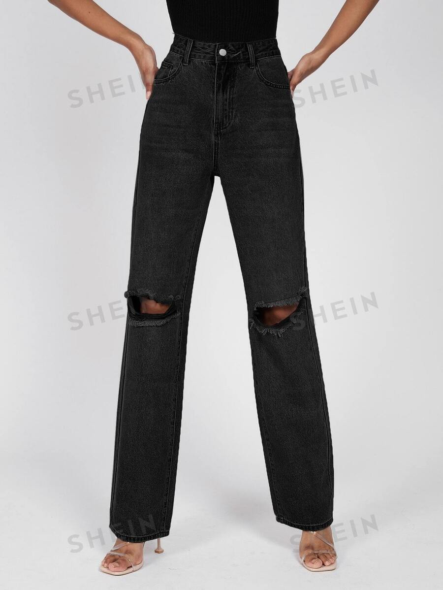 SHEIN Tall High Waist Ripped Frayed Straight Leg Jeans | SHEIN
