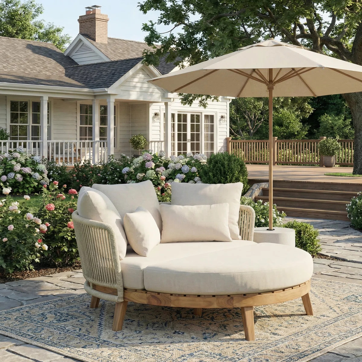 Kailani Modern Coastal Acacia Wood Round Outdoor Daybed with Rope Back and Water-Repellent Cushio... | Wayfair North America