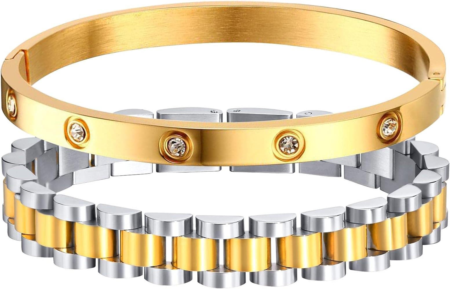 MPRAINBOW 2pcs Gold Chain Link Bracelet, Stainless Steel Crystal Friendship Bracelets Bangle,Watc... | Amazon (US)