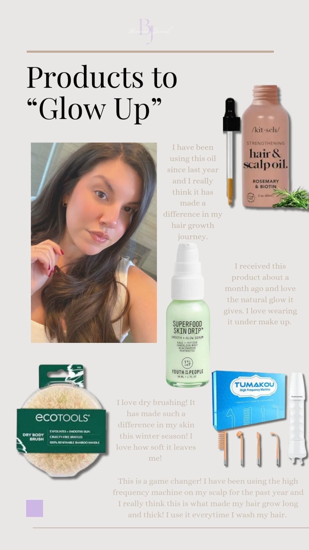 Sharing my go-to glow up essentials! ✨ I’ve been obsessed with the Kitsch Hair & Scalp Oil—a game-changer for my hair journey. Dry brushing is a daily must, and the Youth to the People Superfood Skin Drip keeps my skin radiant! Plus, my high-frequency machine is a secret weapon for thicker, longer hair. What are your favorite glow-up products? 💆‍♀️💖 #BiancaJanel #GlowUpRoutine #BeautyMustHaves #LTKBeauty #SkincareFavorites #HairCareRoutine #SelfCareEssentials #HealthyHairJourney #GlowingSkin #DailyRituals #LTKFinds 

#LTKBeauty #LTKSeasonal #LTKFindsUnder50