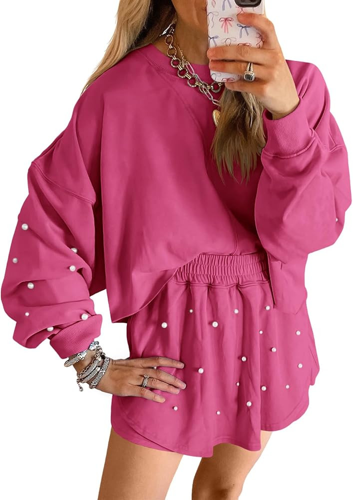 Fisoew Womens Lounge Sets 2 Piece Outfits Decor Pearl Long Sleeve Sweatshirt Skort Skirt Tracksui... | Amazon (US)