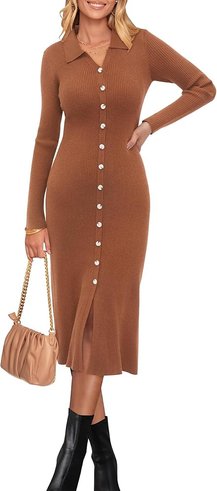 Newshows Womens Fall Sweater Dress 2024 Long Sleeve Oufits Trendy Bodycon Split V Neck Ribbed Kni... | Amazon (US)