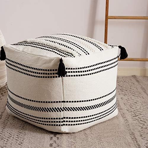 Stripe Morocco Tufted Boho Decorative Unstuffed Pouf - Black Cream Casual Ottoman Pouf Cover with Bi | Amazon (US)