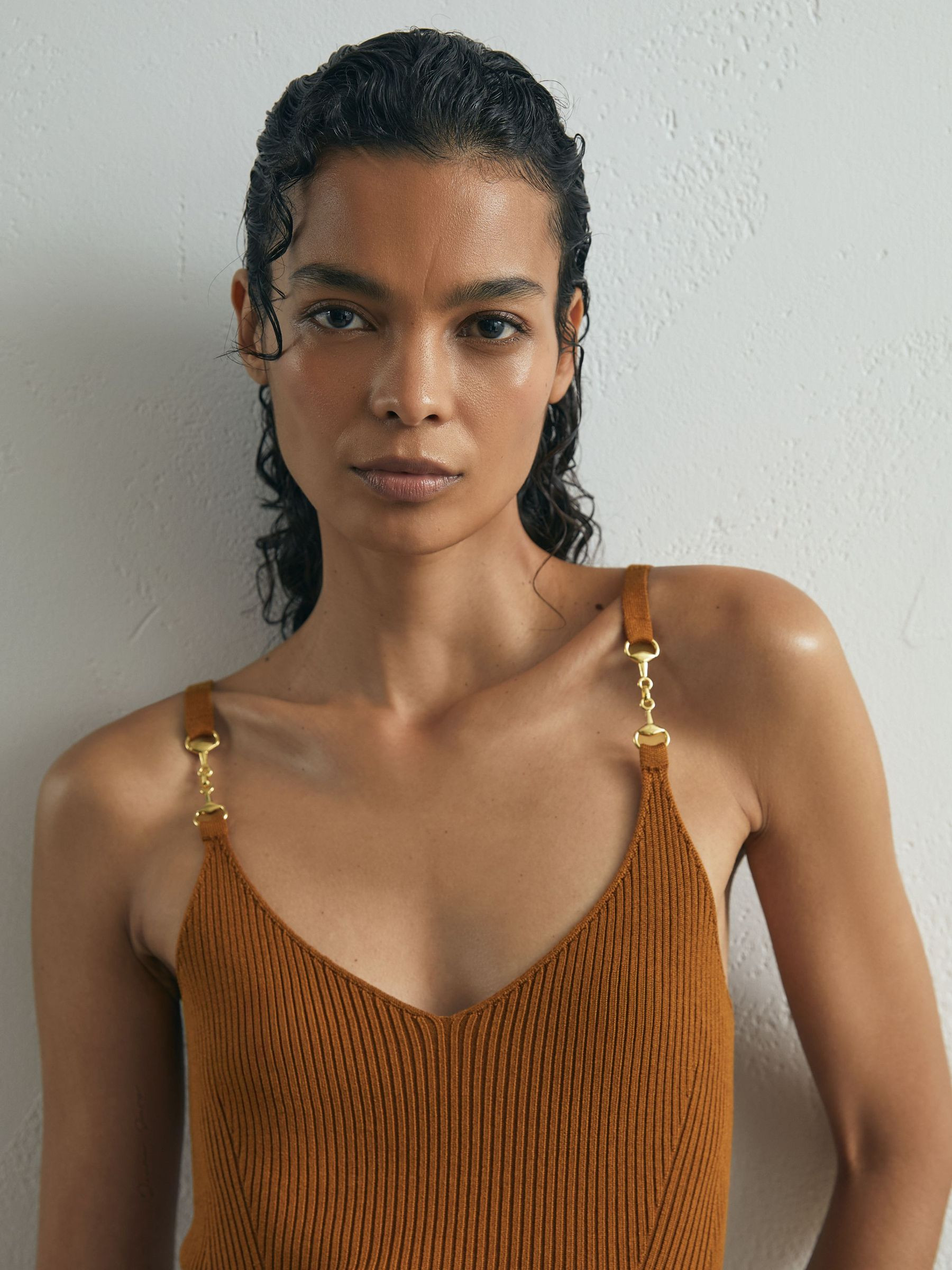 Atelier Silk-Blend Rib-Knit Cami in Rust | Reiss US