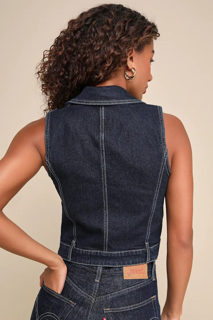 Night Break Dark Wash Collared Denim Vest | Lulus