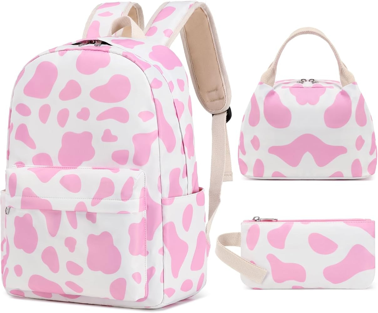 Sunborls Cute Cow Print Teen Girls Backpack with Lunch Bag Pencil Bag Set Back To School Gift Boo... | Amazon (US)