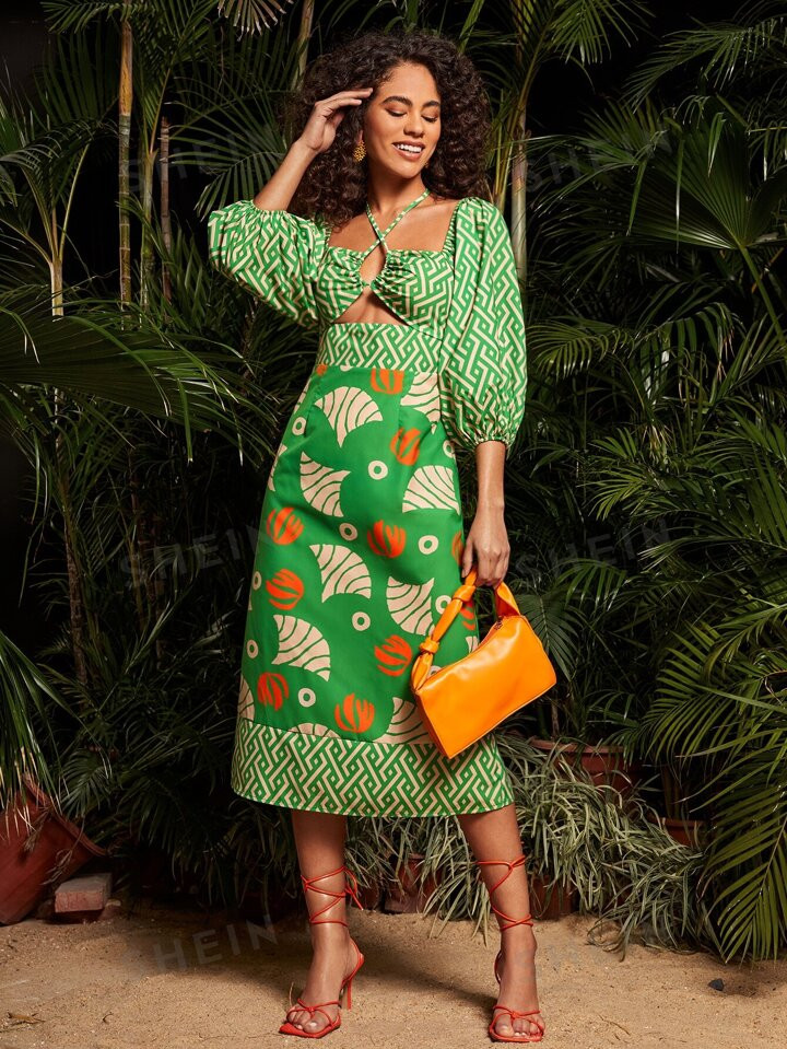SHEIN TRVLCHIC Geo Print Cut Out Front Lantern Sleeve Dress | SHEIN