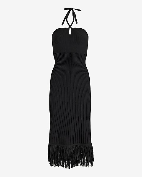 Ribbed Halter Sleeveless Fringe Midi Sweater Dress | Express