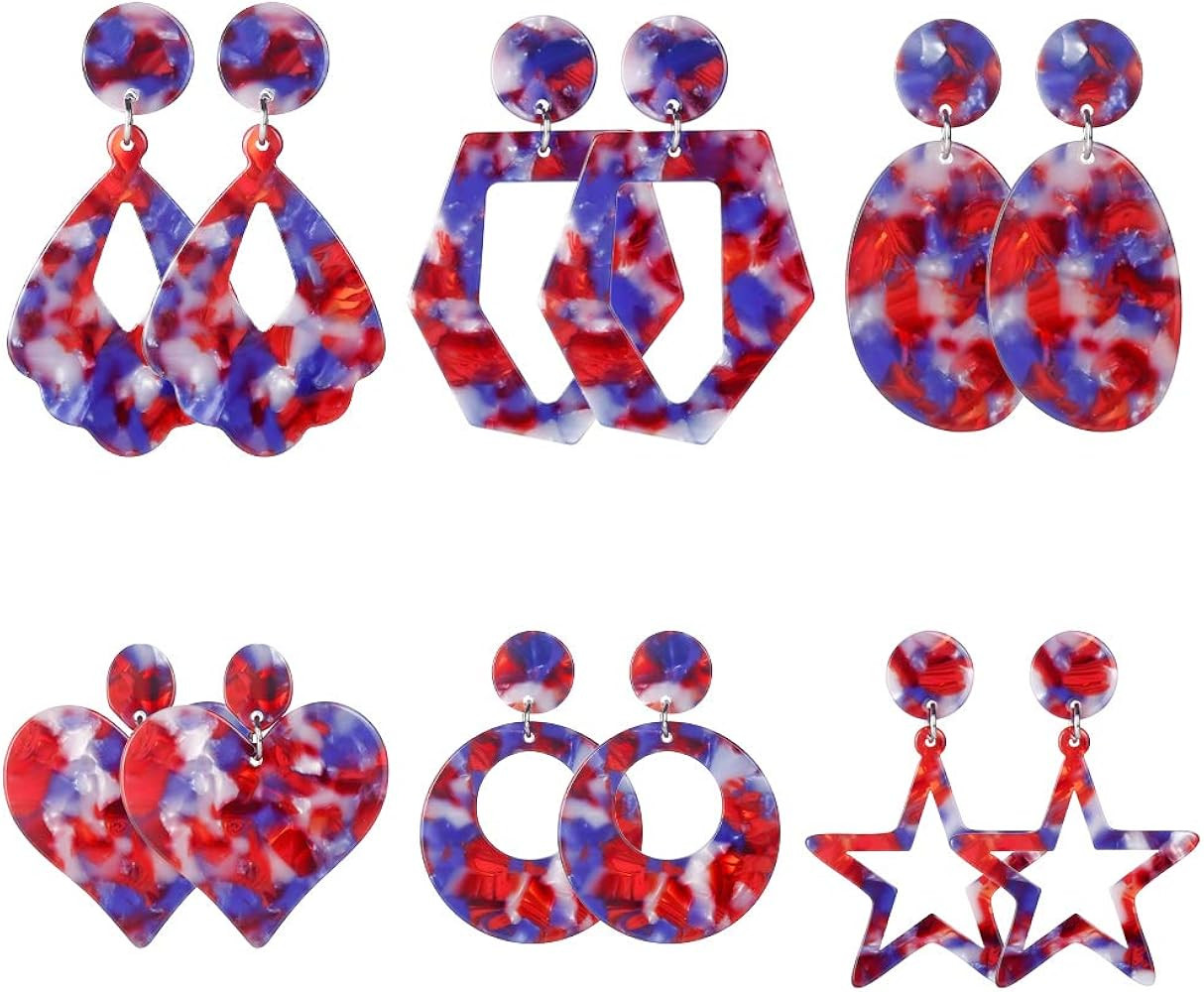 MTSCE Red White Blue Acrylic Dangle Earrings for Women, Acetic Acid Earrings for Patriotic 4th of... | Amazon (US)