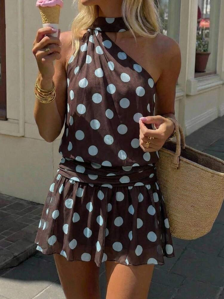 Aloruh Brown Polka Dot,Summer,Vintage,Holiday,Tea Party,Holiday,Backless Dress,Elegant Wedding Party & Casual Dresses For Women,Knit Print,Y2K,Commuter Dress | SHEIN